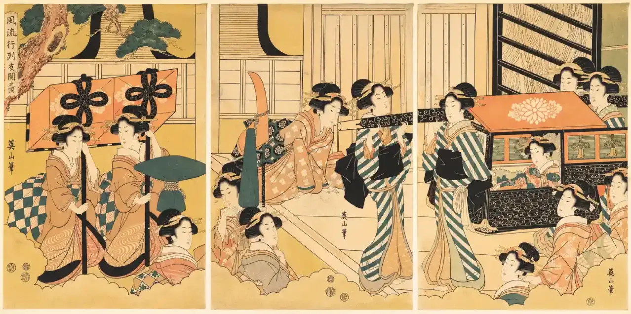 Promenade of Famous Beauty Escorted by Many Female Attendants
